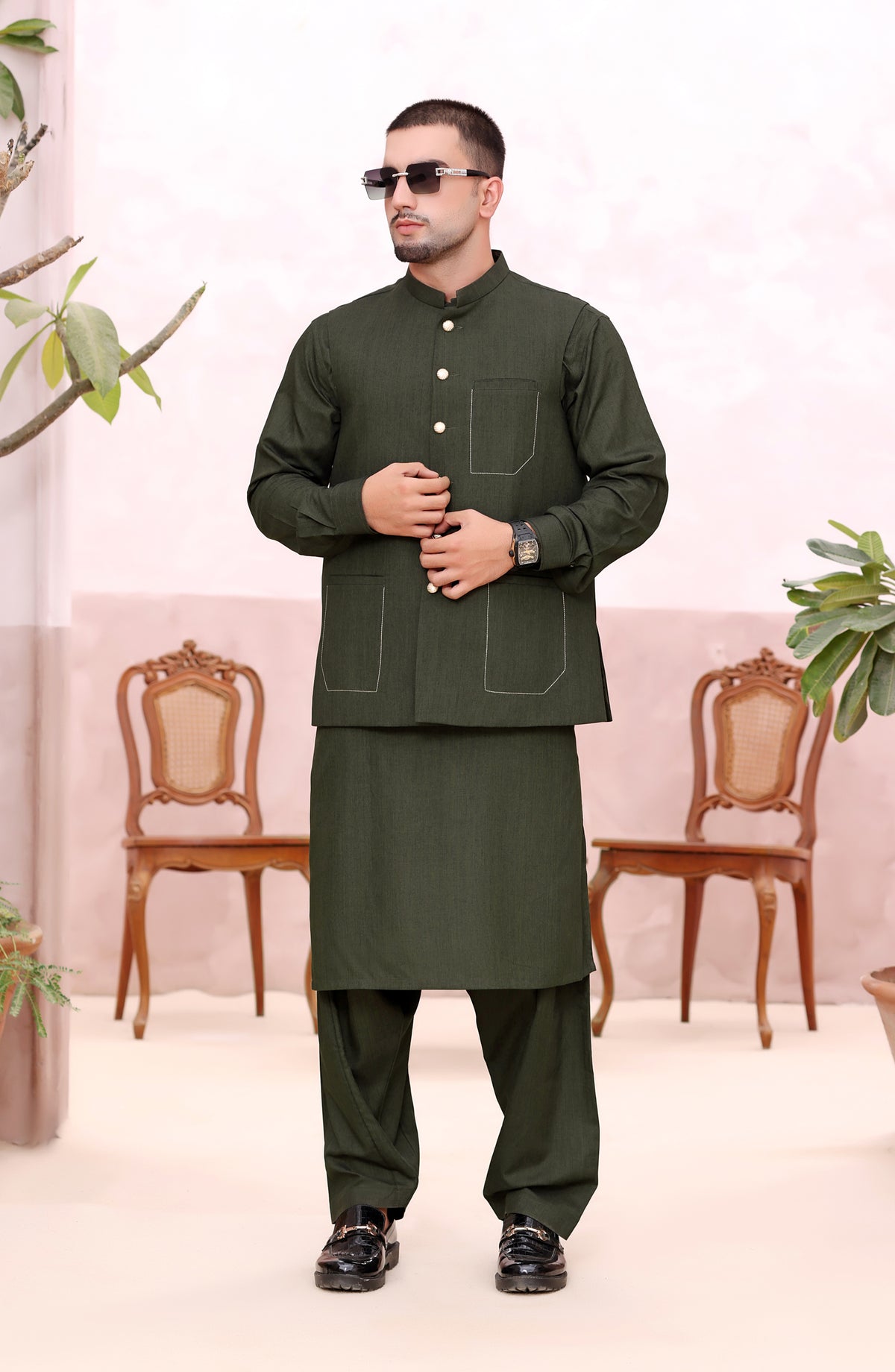 TGM The Royal Edit Premium Blended Material Stitched Three Piece with matching Suit - Emerald Crest (3pc) - TGM26ROY - Green - Men Festive Collection