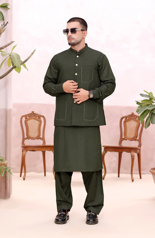 TGM The Royal Edit Premium Blended Material Stitched Three Piece with matching Suit - Emerald Crest (3pc) - TGM26ROY - Green - Men Festive Collection