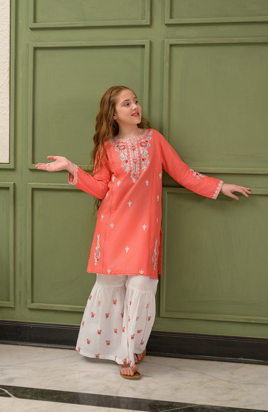Fresh Birds Embroidered Cotton Lawn Stitched 2 Piece Suit - Eshal - FBR26TW - Peach - Festive Girls Collection