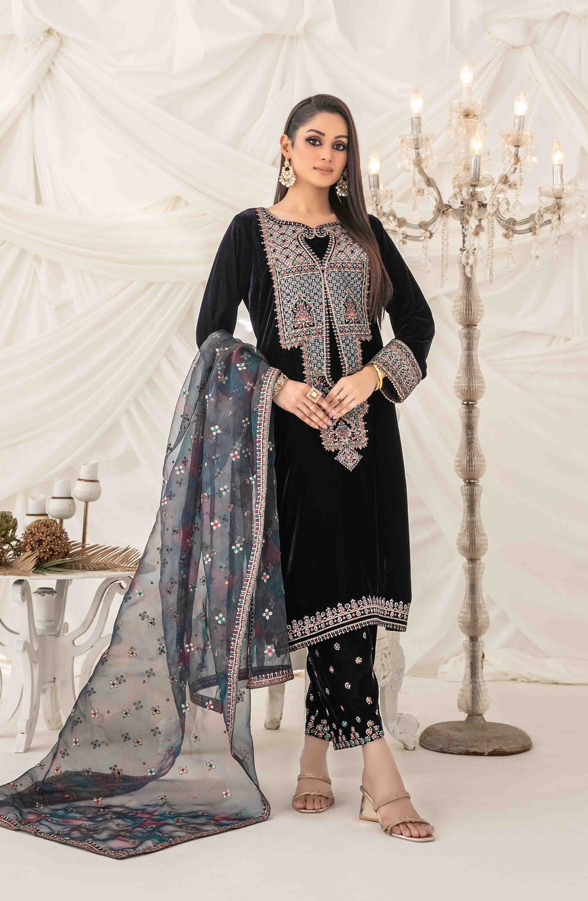 Eshqam by Tawakkal Fabrics Embroidered Velvet Unstitched 3 Piece Suit - D-5157 - TF25ESQ - Black - Winter Collection