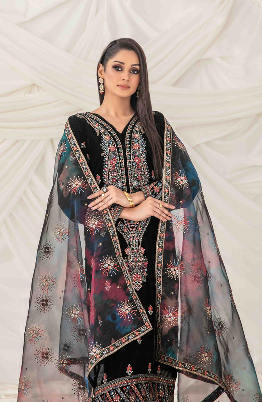 Eshqam by Tawakkal Fabrics Embroidered Velvet Unstitched 3 Piece Suit - D-5156 - TF25ESQ - Black - Winter Collection