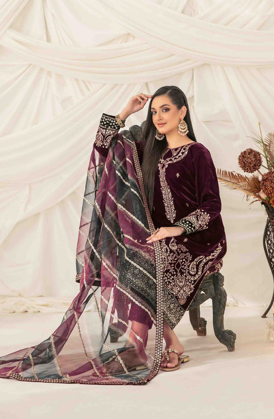 Eshqam by Tawakkal Fabrics Embroidered Velvet Unstitched 3 Piece Suit - D-5155 - TF25ESQ - Maroon - Winter Collection
