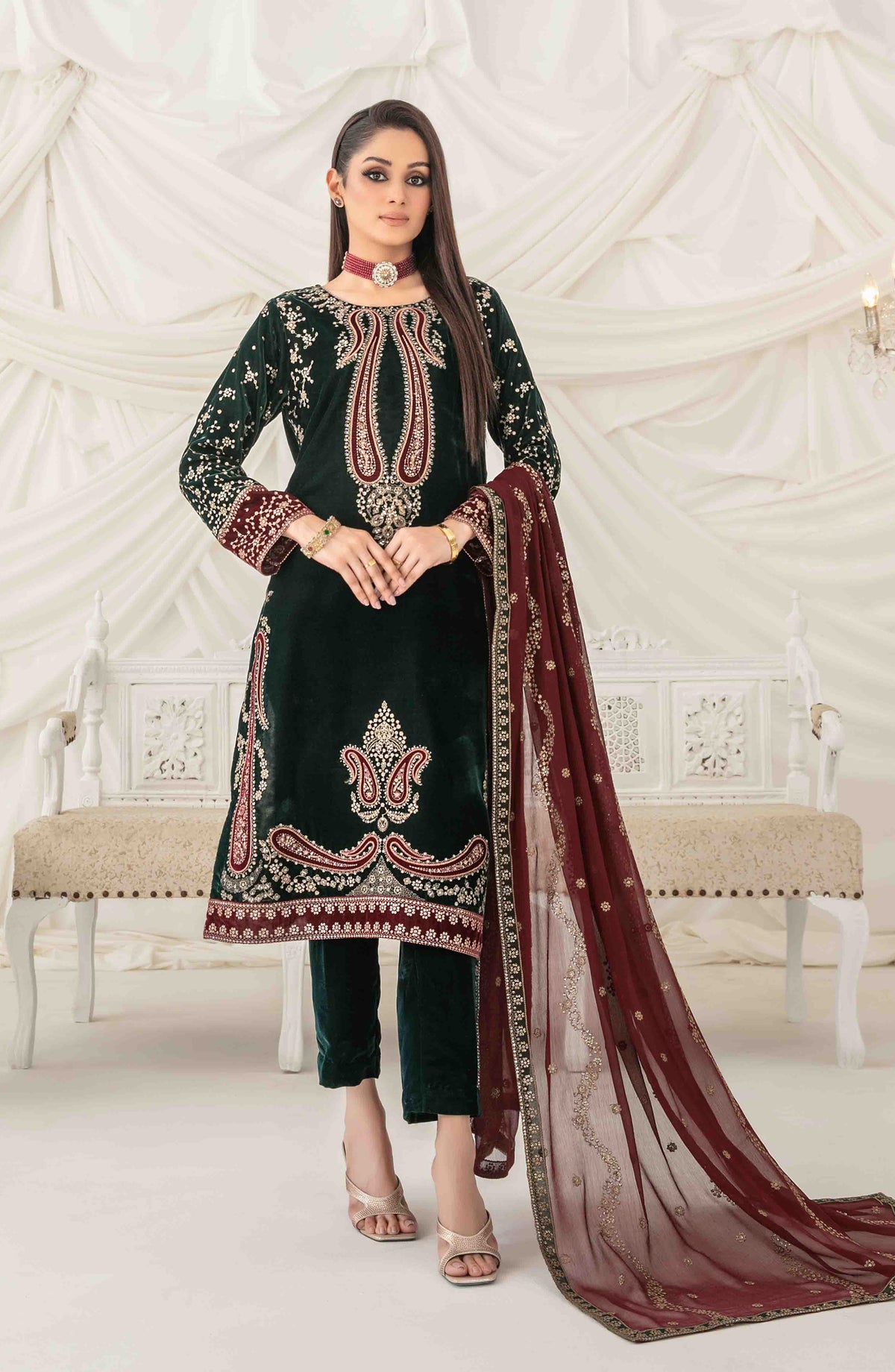 Eshqam by Tawakkal Fabrics Embroidered Velvet Unstitched 3 Piece Suit - D-5154 - TF25ESQ - Green - Winter Collection
