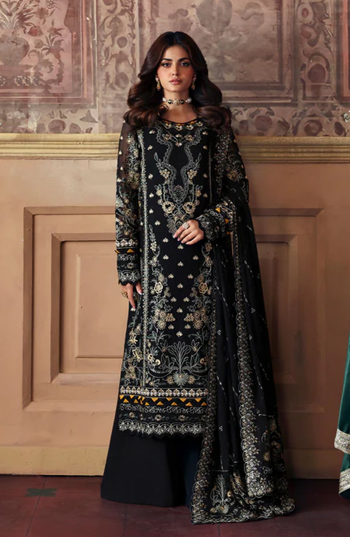 Evayna by Gulaal Embroidered Chiffon Unstitched 3 Piece Suit - Deenah - GUL25EV - Black - Festive Collection