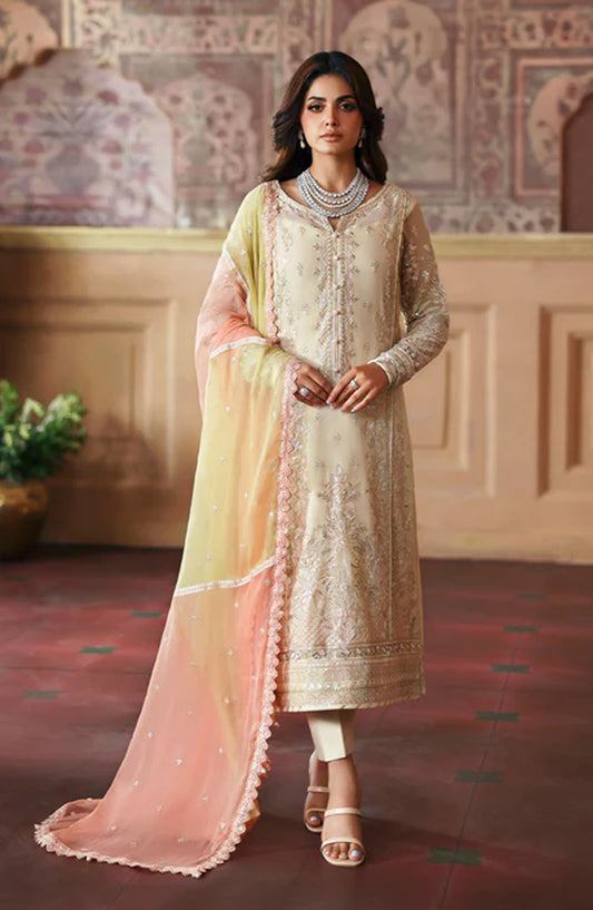 Evayna by Gulaal Embroidered Chiffon Unstitched 3 Piece Suit - Fareyah - GUL25EV - Fawn - Festive Collection