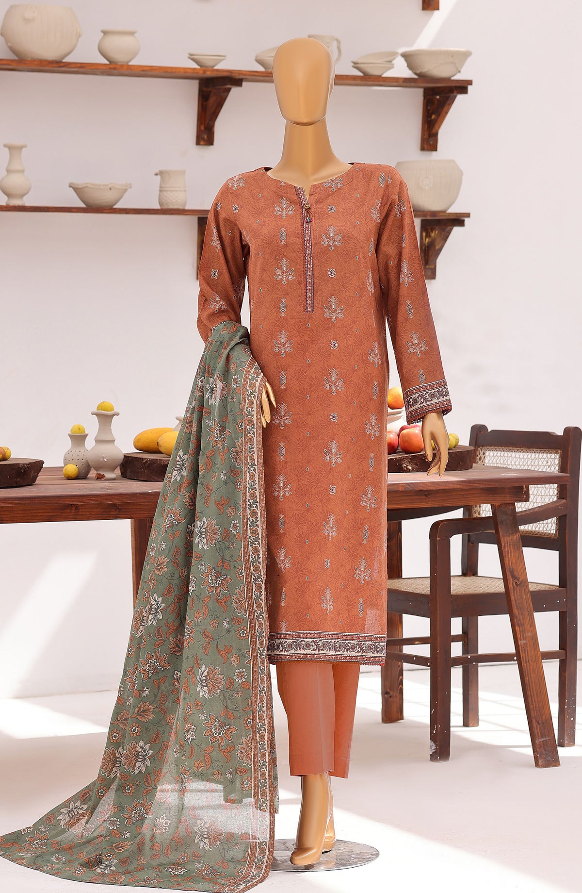 Everyday Prints by HZ Printed Lawn Unstitched 3 Piece Suit - D-05 - HZ26RDL - Rust - Summer Collection
