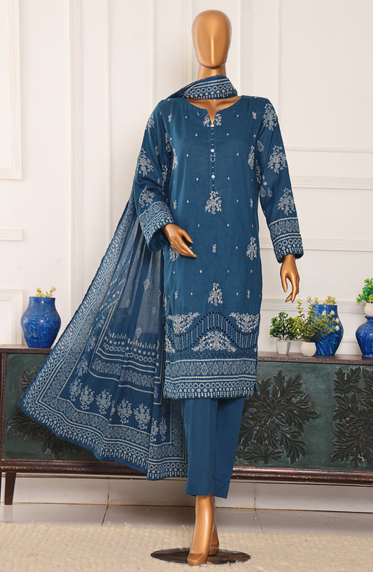HZ Textiles Exclusive Embroidered Slub Cotton Unstitched 3 Piece Suit - EMC-37 - HZ26EXCL - Blue - Mid Summer Collection