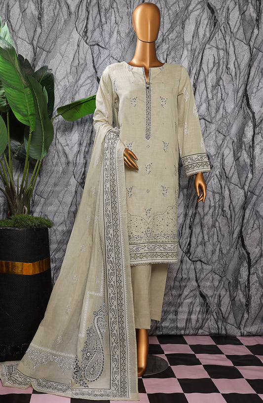 HZ Textiles Exclusive Embroidered Slub Cotton Unstitched 3 Piece Suit - EMC-25 - HZ26EXCL - Light Fawn - Mid Summer Collection