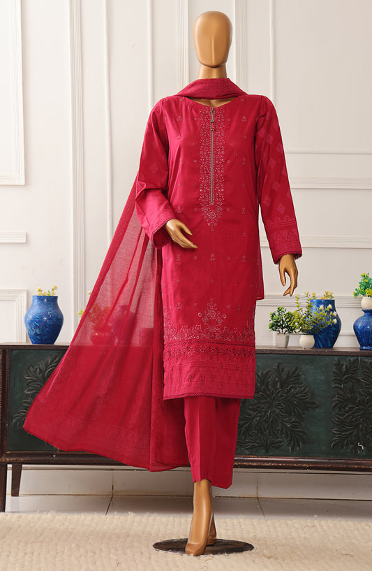 HZ Textiles Exclusive Embroidered Slub Cotton Unstitched 3 Piece Suit - EMC-39 - HZ26EXCL - Red - Mid Summer Collection