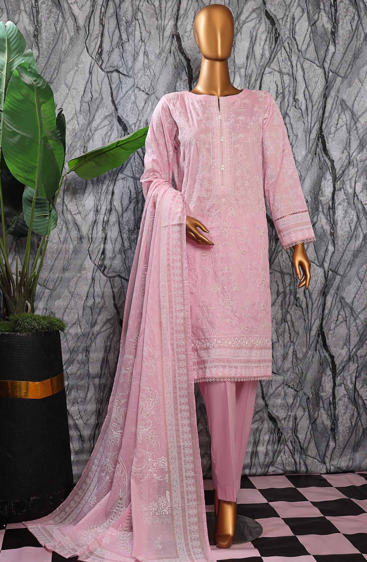 HZ Textiles Exclusive Embroidered Slub Cotton Unstitched 3 Piece Suit - EMC-27 - HZ26EXCL - Pink - Mid Summer Collection