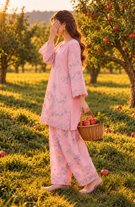 Fairy Meadous by Amna Khadija Embroidered Cotton Stitched 2 Piece Co-ord Set - AKFM-01 - AM26MED - Pink - Casual Collection