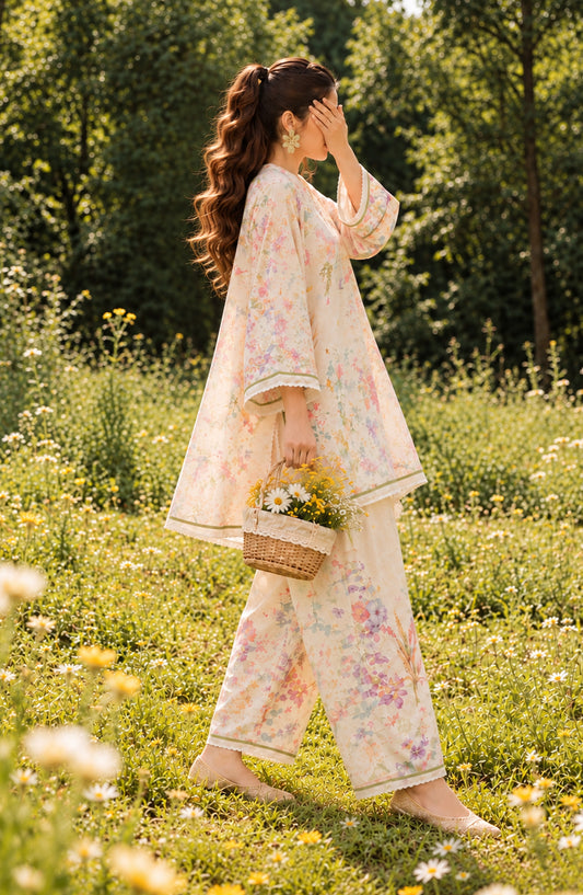 Fairy Meadous by Amna Khadija Printed Cotton Stitched 2 Piece Co-ord Set - AKFM-02 - AM26MED - Off White - Casual Collection