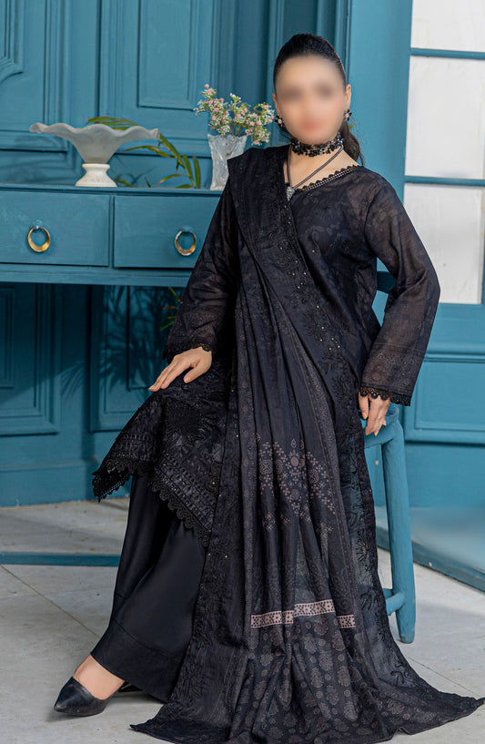 Falak Embroidered Lawn Unstitched 3 Piece Suit - Design-08 - AK25FL1 - Black - Summer Collection