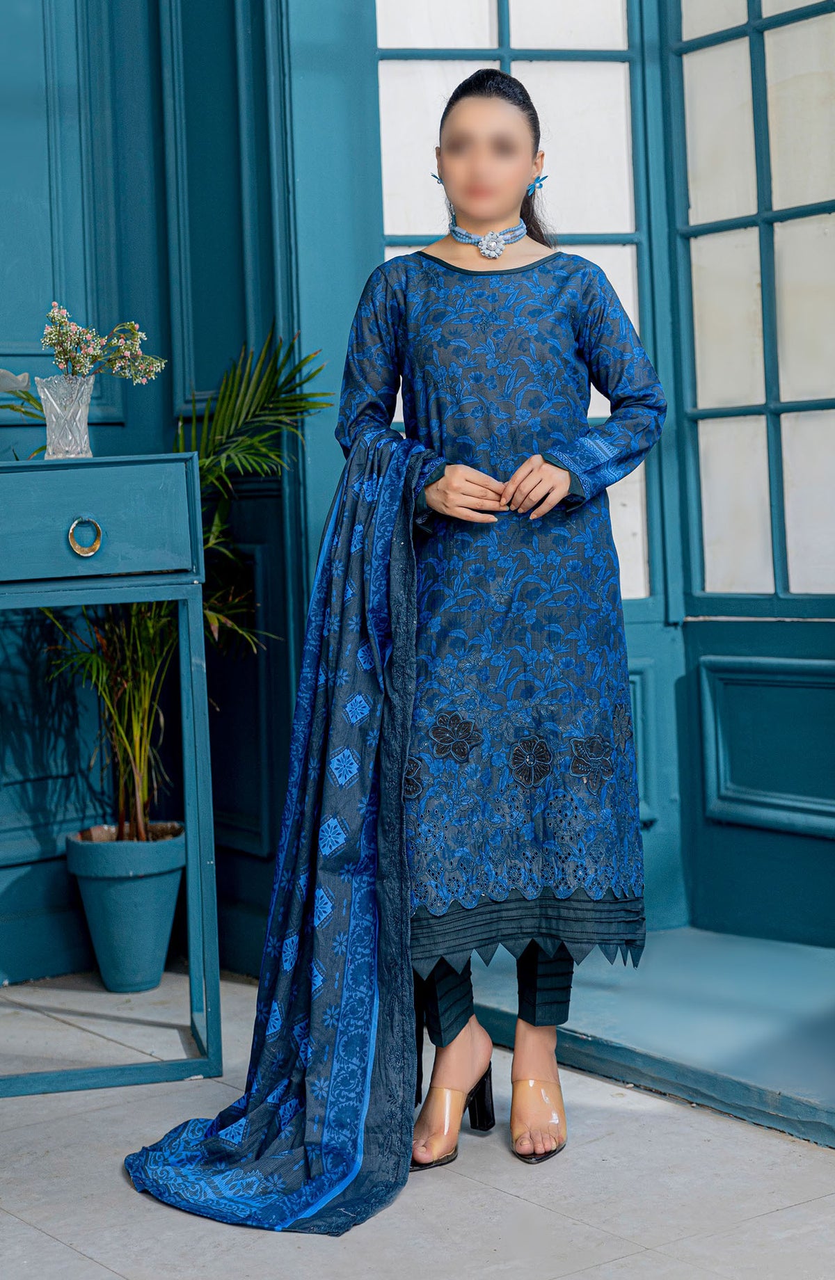Falak Embroidered Lawn Unstitched 3 Piece Suit - Design-06 - AK25FL1 - Blue - Summer Collection