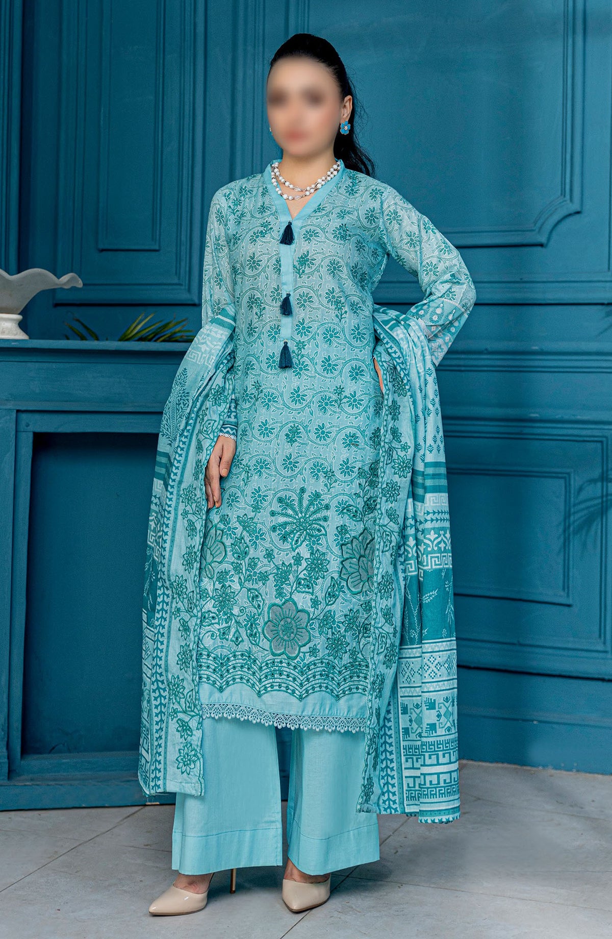 Falak Embroidered Lawn Unstitched 3 Piece Suit - Design-04 - AK25FL1 - Blue - Summer Collection