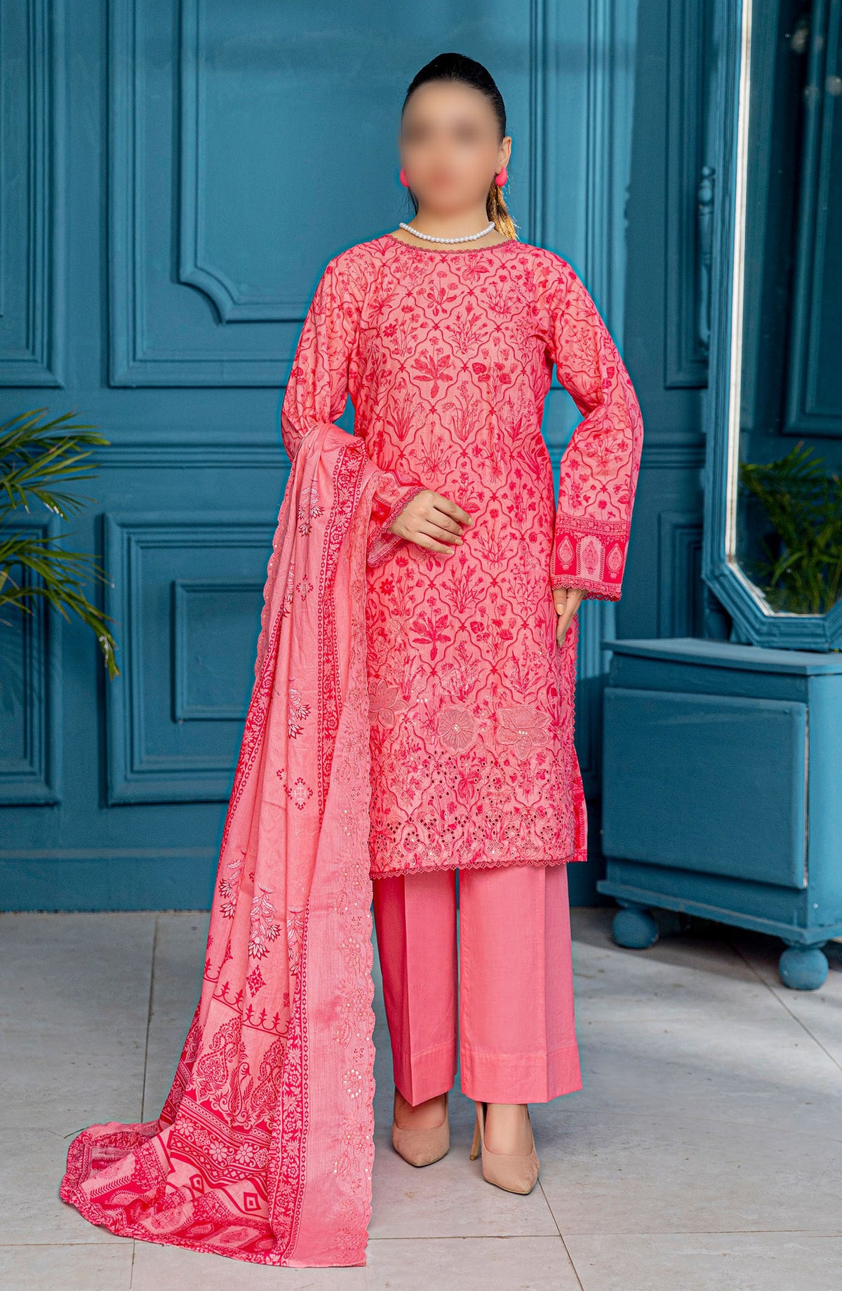Falak Embroidered Lawn Unstitched 3 Piece Suit - Design-02 - AK25FL1 - Pink - Summer Collection