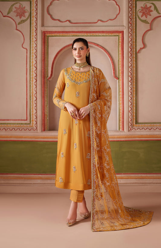 Falesia by Zarif Embroidered Net Unstitched 3 Piece Suit - HF-04 SOHA - ZRF25FL - Mustard - Formal Collection