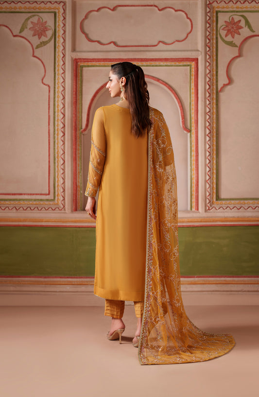 Falesia by Zarif Embroidered Net Unstitched 3 Piece Suit - HF-04 SOHA - ZRF25FL - Mustard - Formal Collection