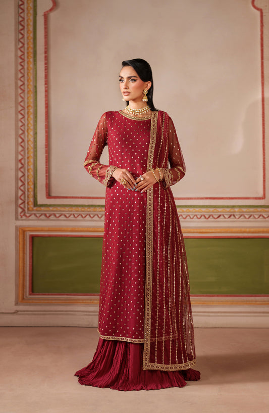 Falesia by Zarif Embroidered Net Unstitched 3 Piece Suit - HF-01 MUHAAG - ZRF25FL - Red - Formal Collection