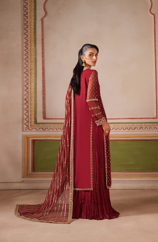 Falesia by Zarif Embroidered Net Unstitched 3 Piece Suit - HF-01 MUHAAG - ZRF25FL - Red - Formal Collection