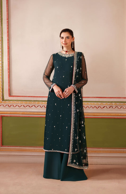 Falesia by Zarif Embroidered Net Unstitched 3 Piece Suit - HF-02 SHENAAR - ZRF25FL - Green - Formal Collection