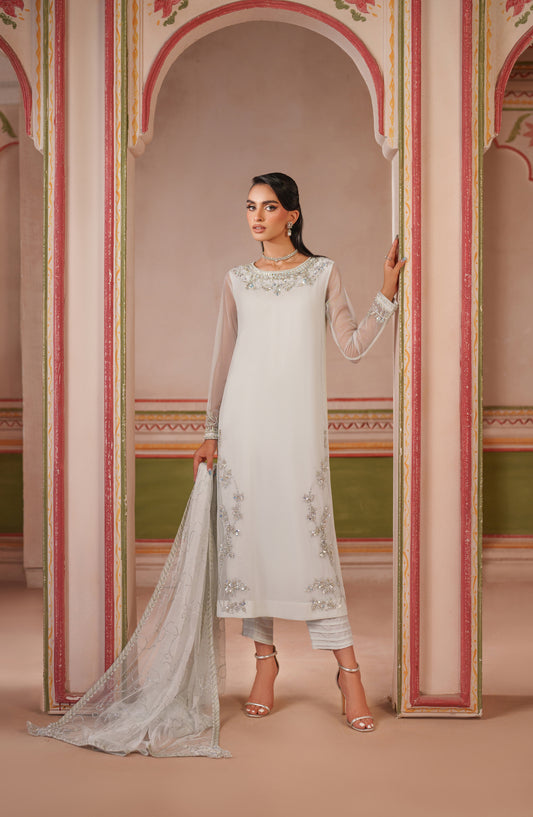 Falesia by Zarif Embroidered Net Unstitched 3 Piece Suit - HF-03 ROOMAY - ZRF25FL - White - Formal Collection