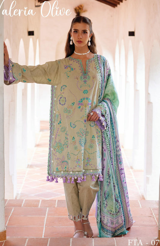 Farah Talib Aziz Luxury Embroidered Jacquard Unstitched 3 Piece Suit - FTA-07 Valeria Olive - FTA26LL - Beige - Summer Collection