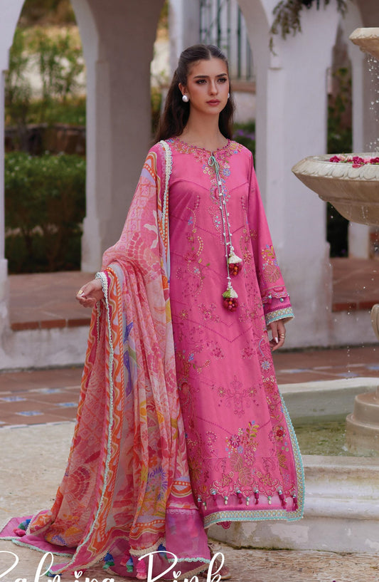 Farah Talib Aziz Luxury Embroidered Jacquard Unstitched 3 Piece Suit - FTA-05 Palmia Pink - FTA26LL - Pink - Summer Collection