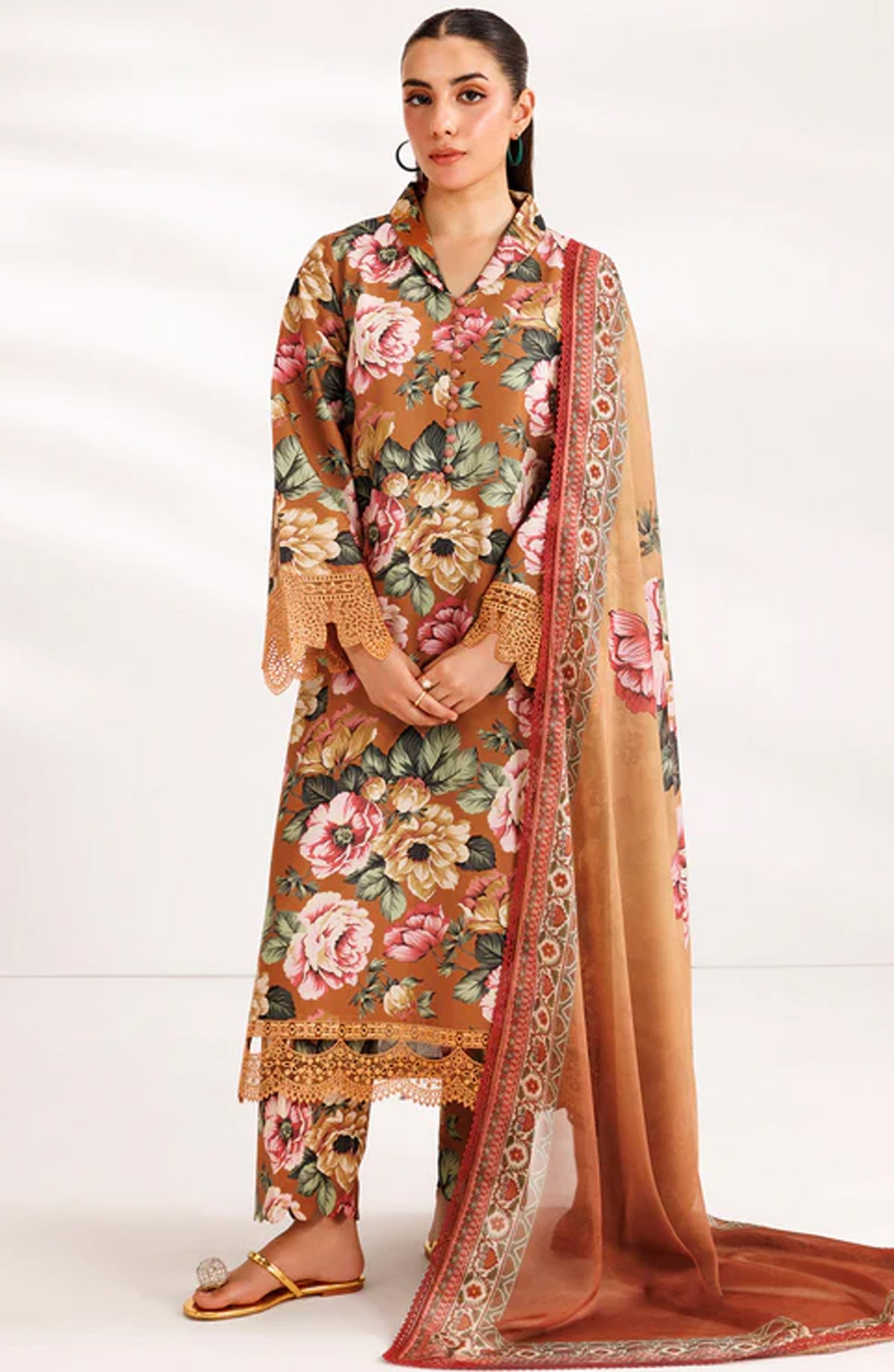 Farasha Embroidered Lawn Unstitched 3 Piece Suit - Dusk Bloom - FR26PE - Brown - Summer Collection
