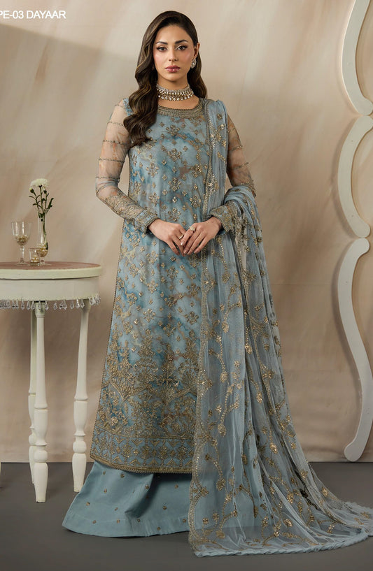 Fasana by Zarif Embroidered Net Unstitched 3 Piece Suit - PE-03 DAYAAR - ZRF26FS - Blue - Formals Collection