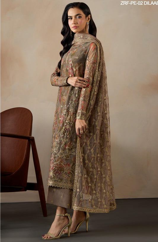 Fasana by Zarif Embroidered Net Unstitched 3 Piece Suit - PE-02 DILAAB - ZRF26FS - Beige - Formals Collection