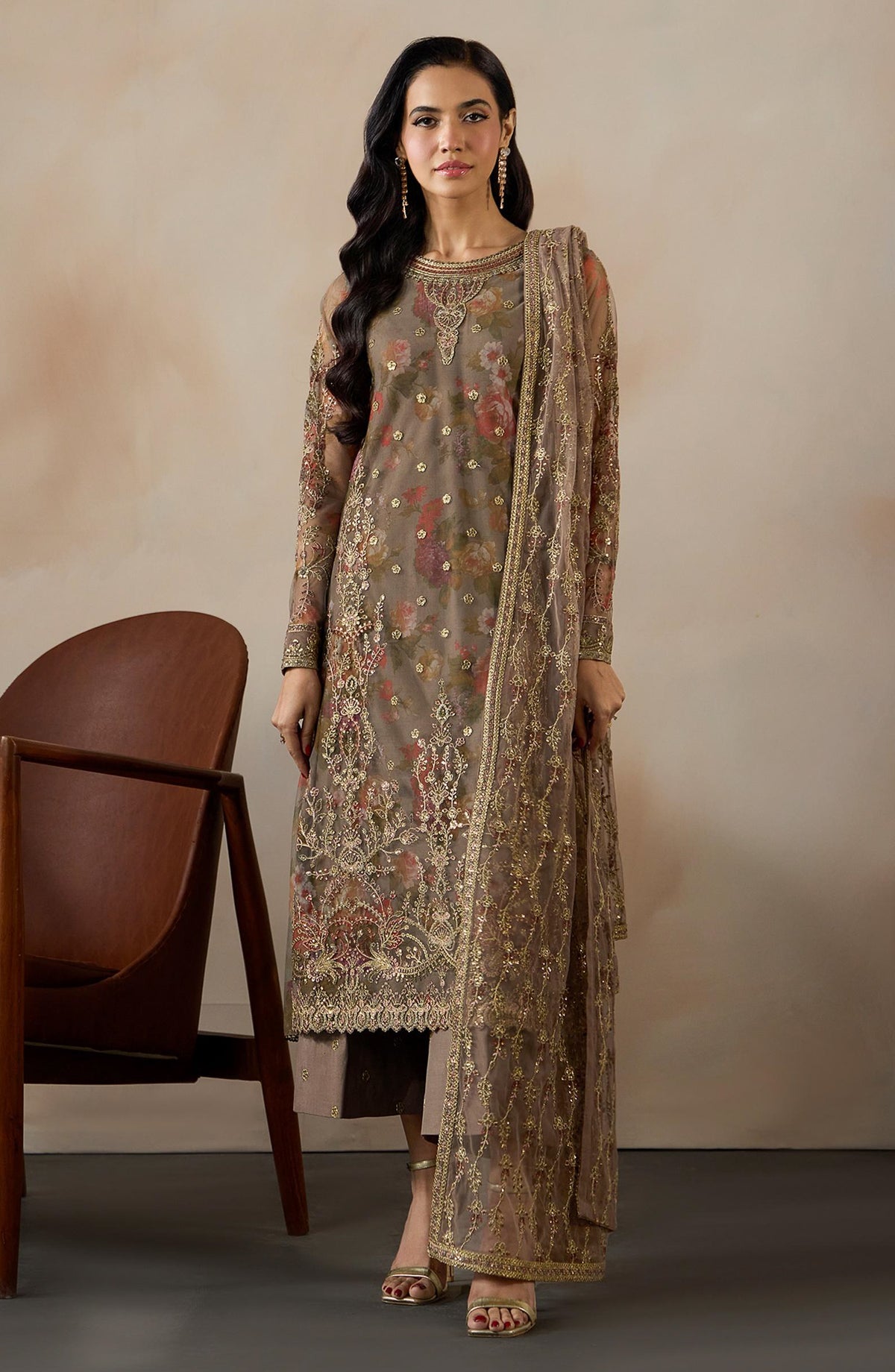 Fasana by Zarif Embroidered Net Unstitched 3 Piece Suit - PE-02 DILAAB - ZRF26FS - Beige - Formals Collection