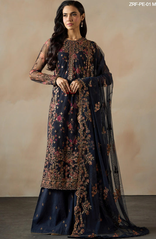 Fasana by Zarif Embroidered Net Unstitched 3 Piece Suit - PE-01 MEHRAB - ZRF26FS - Blue - Formals Collection