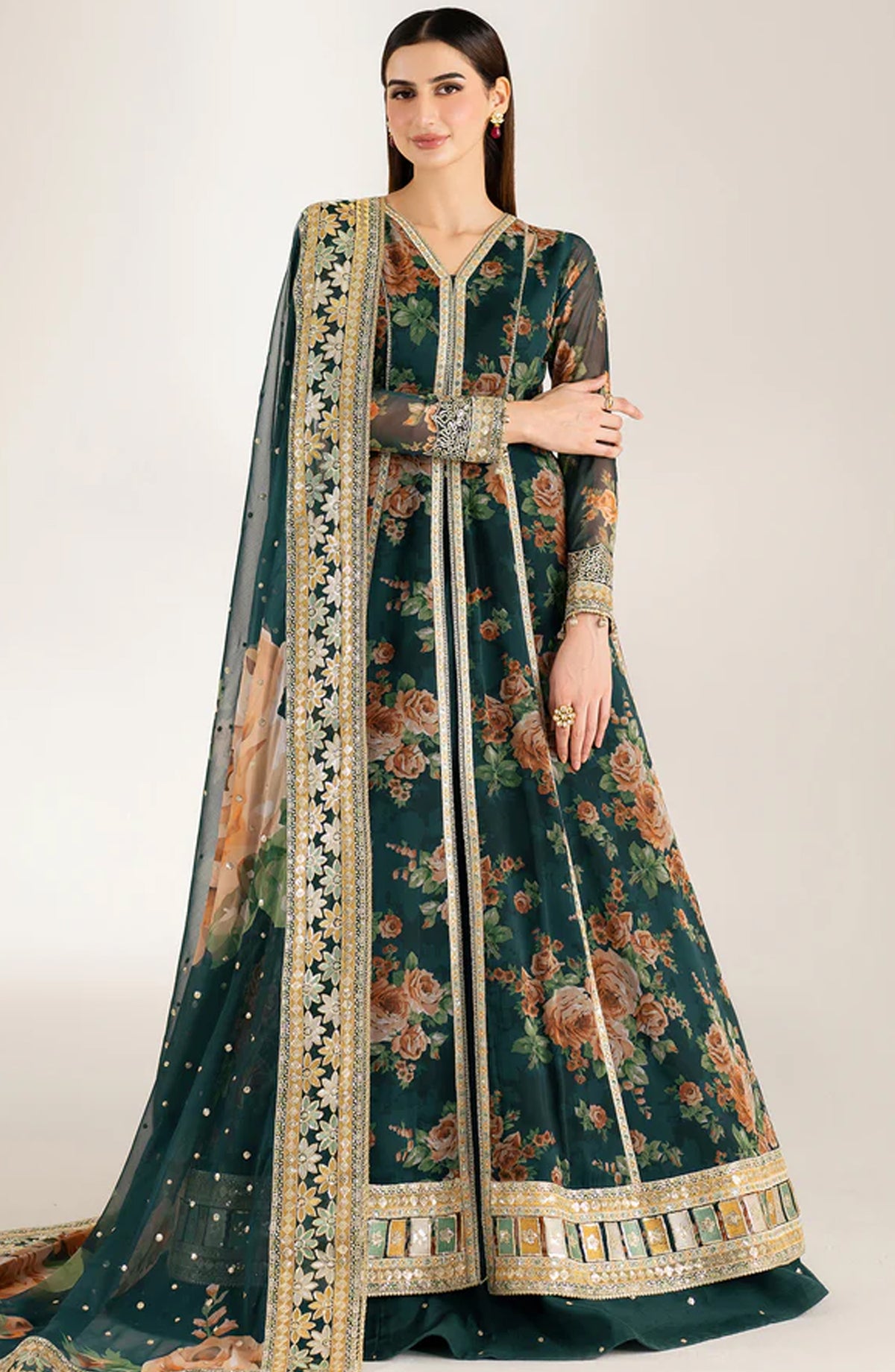 Fiorella Formals by Farasha Embroidered Chiffon Unstitched 3 Piece Suit - Teal Passion - FSH25FR - Green - Festive Collection
