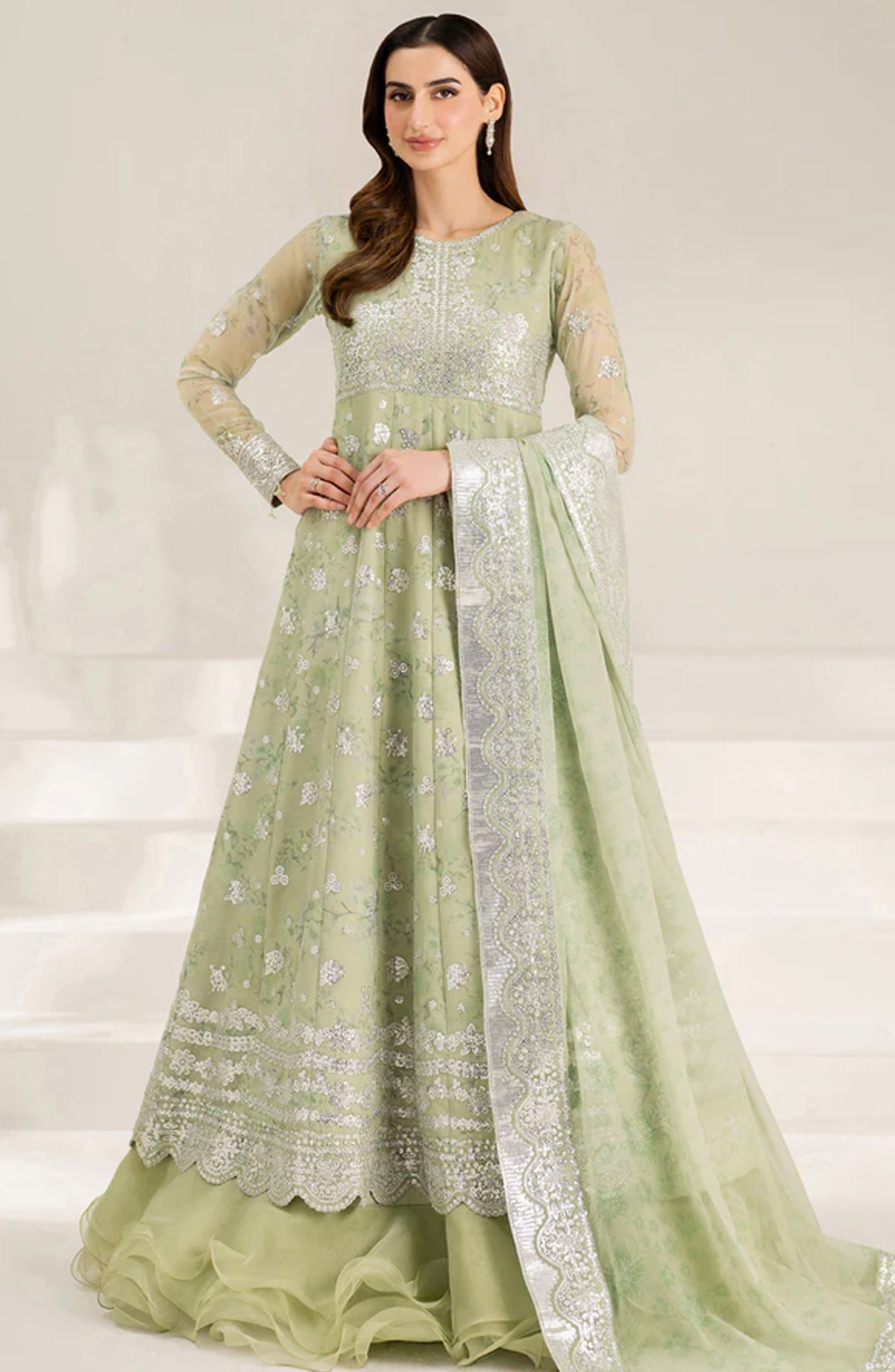 Fiorella Formals by Farasha Embroidered Chiffon Unstitched 3 Piece Suit - Sage Sparkle - FSH25FR - Green - Festive Collection