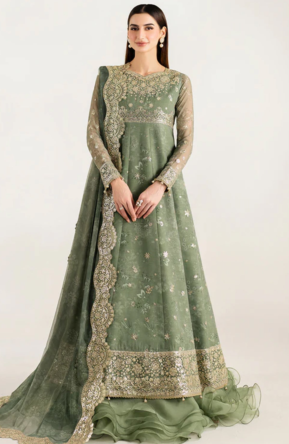 Fiorella Formals by Farasha Embroidered Chiffon Unstitched 3 Piece Suit - Olive Aura - FSH25FR - Green - Festive Collection