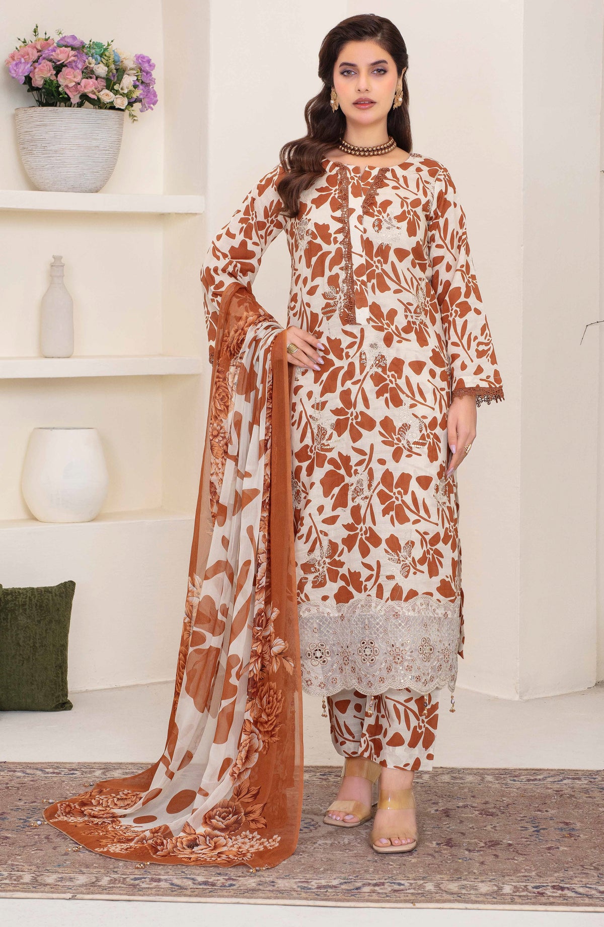 Floral by Aalaya Exclusive Embroidered Lawn Unstitched 3 Piece Suit - D-01 - ALY26FL - Rust - Summer Collection