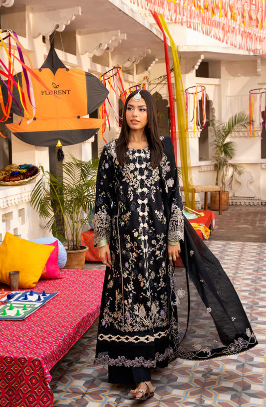 Florent Basant Embroidered Chikankari Unstitched 3 Piece Suit - FBC-8A - FL26BSN - Black - Summer Collection