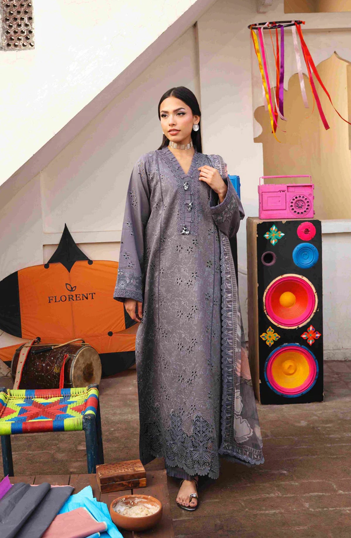 Florent Basant Embroidered Chikankari Unstitched 3 Piece Suit - FBC-7B - FL26BSN - Purple - Summer Collection