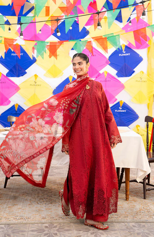 Florent Basant Embroidered Chikankari Unstitched 3 Piece Suit - FBC-7A - FL26BSN - Red - Summer Collection