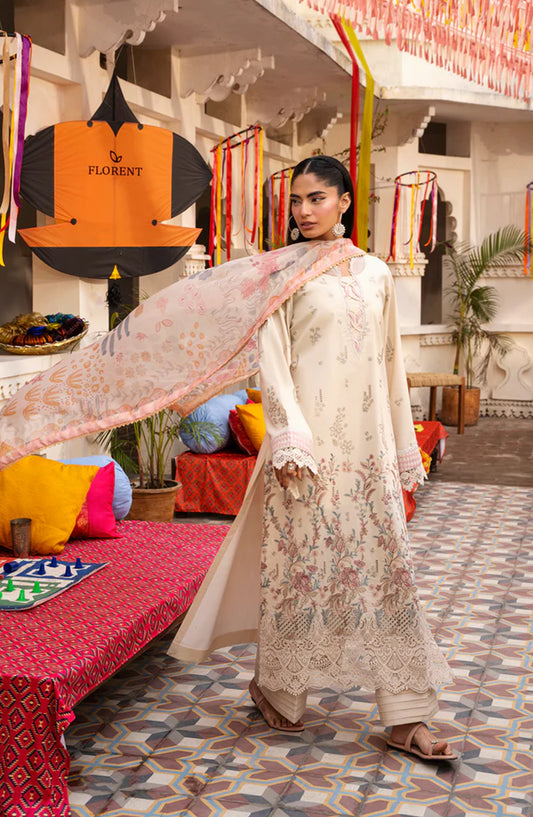 Florent Basant Embroidered Chikankari Unstitched 3 Piece Suit - FBC-5A - FL26BSN - Fawn - Summer Collection