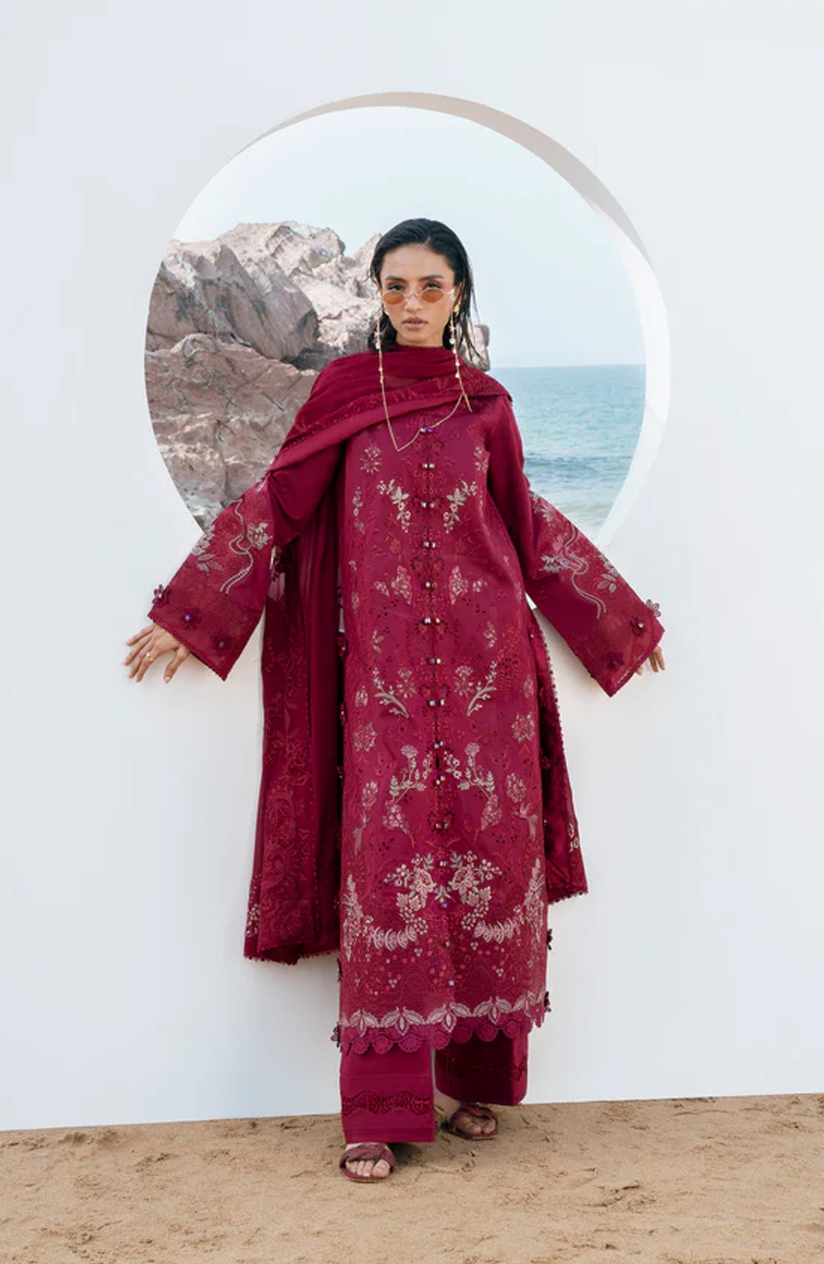 Florent Festive Luxury Embroidered Lawn Unstitched 3 Piece Suit - FLL-7A - FL26FLW - Red - Summer Collection