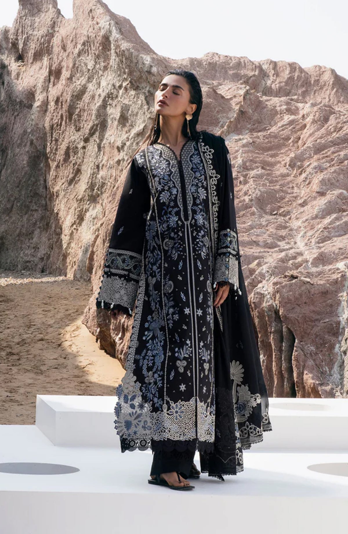 Florent Festive Luxury Embroidered Lawn Unstitched 3 Piece Suit - FLL-6A - FL26FLW - Black - Summer Collection