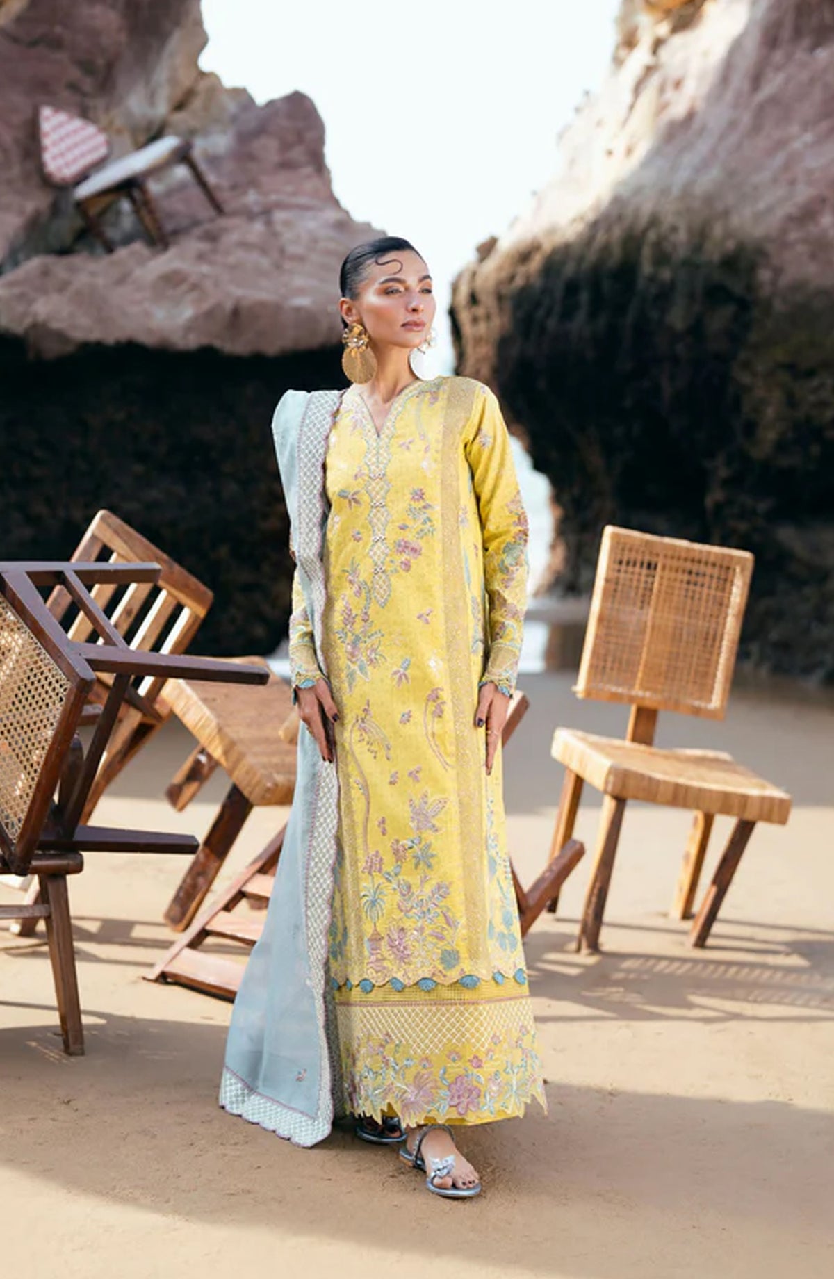 Florent Festive Luxury Embroidered Lawn Unstitched 3 Piece Suit - FLL-4B - FL26FLW - Yellow - Summer Collection