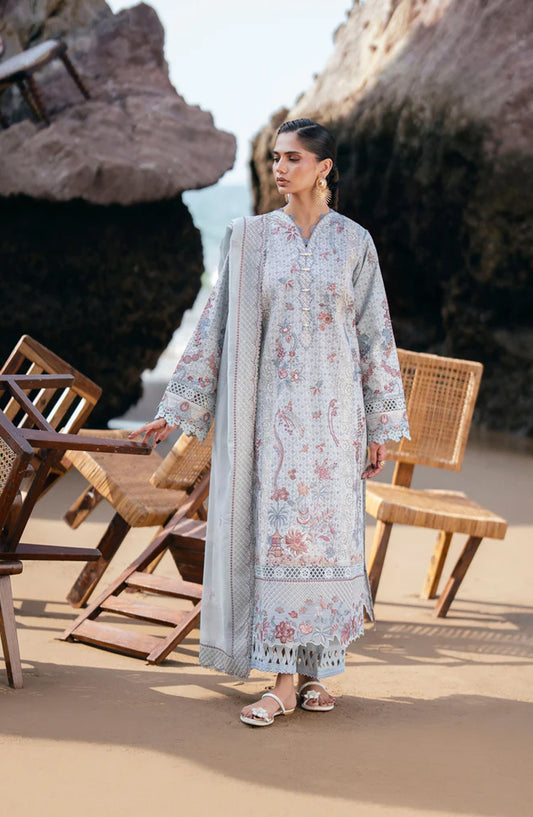 Florent Festive Luxury Embroidered Lawn Unstitched 3 Piece Suit - FLL-4A - FL26FLW - Blue - Summer Collection
