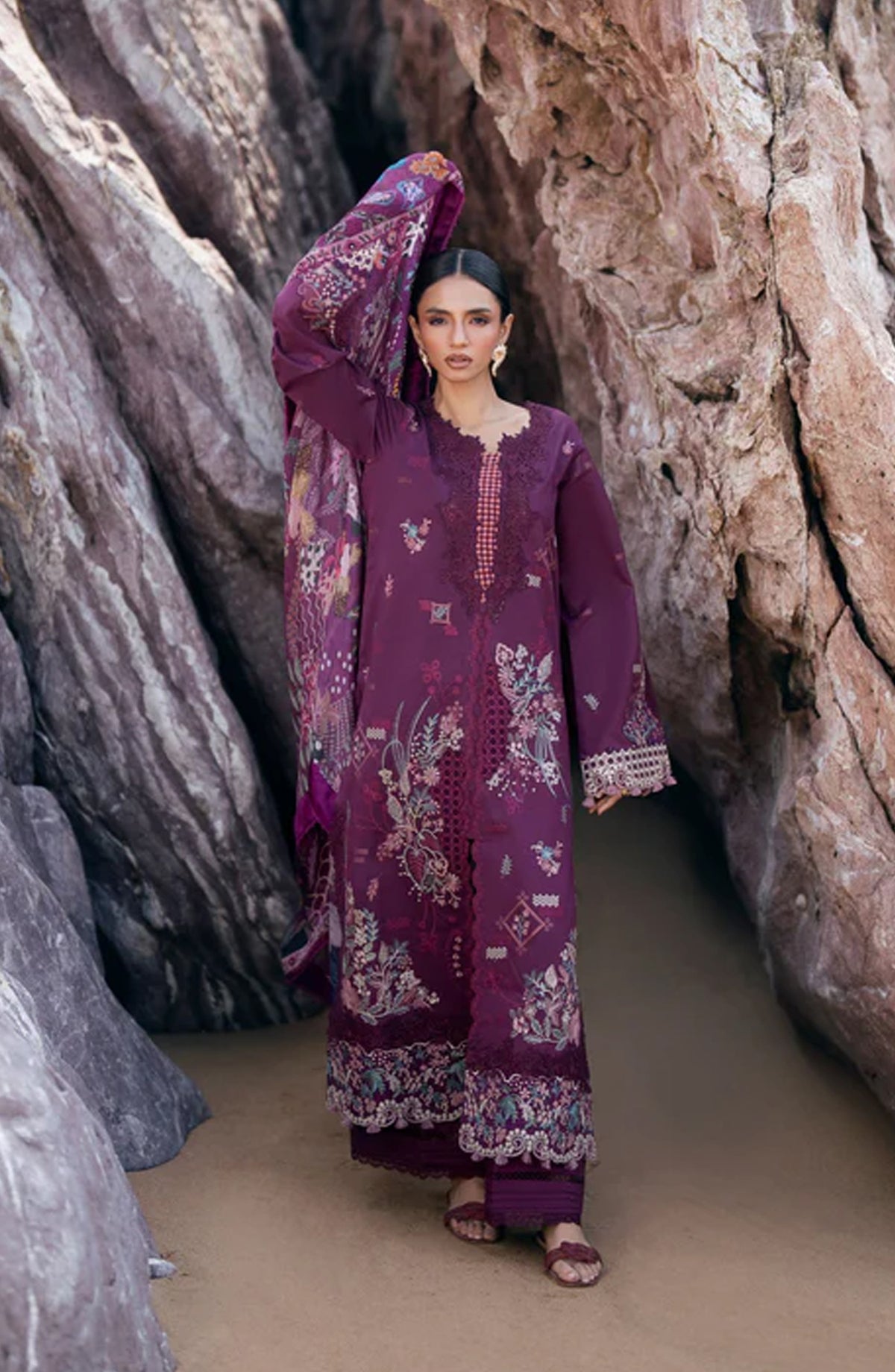 Florent Festive Luxury Embroidered Lawn Unstitched 3 Piece Suit - FLL-2B - FL26FLW - Purple - Summer Collection