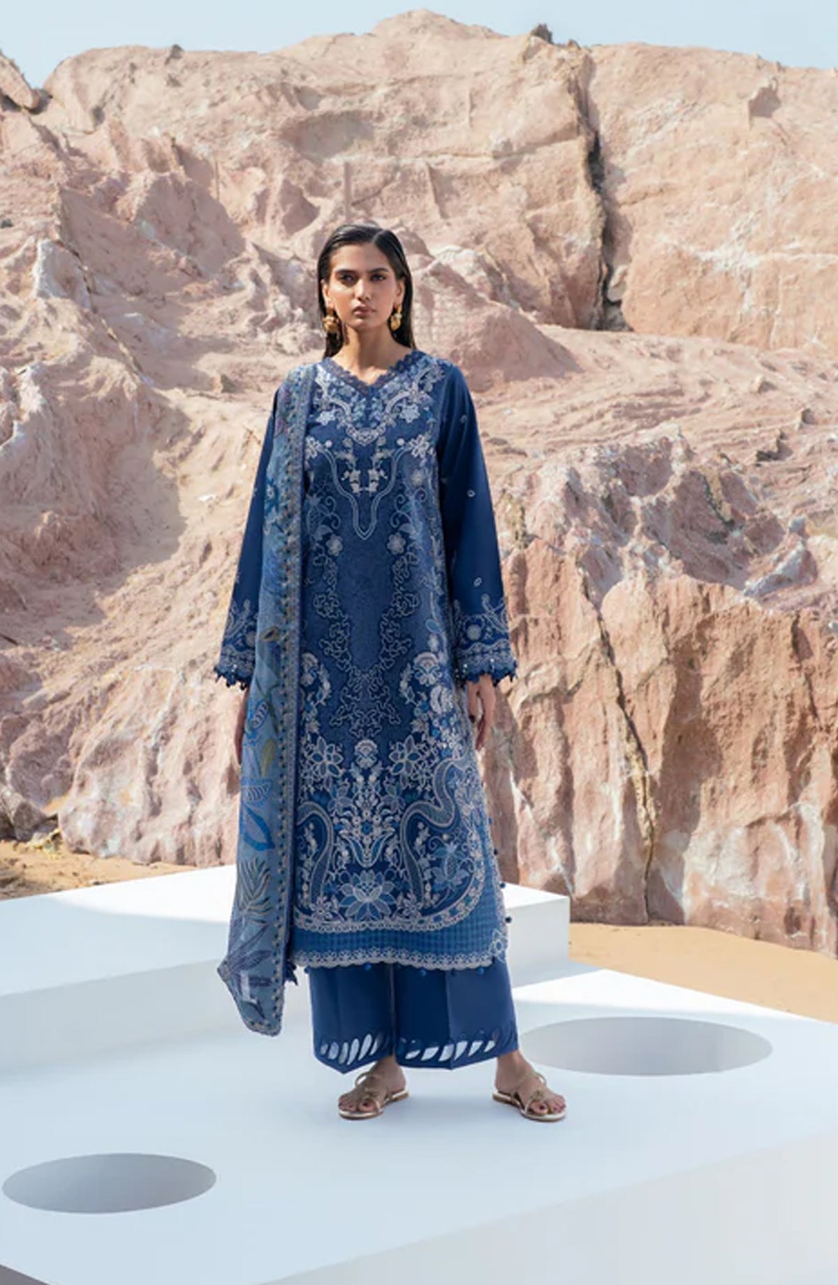 Florent Festive Luxury Embroidered Lawn Unstitched 3 Piece Suit - FLL-1B - FL26FLW - Blue - Summer Collection