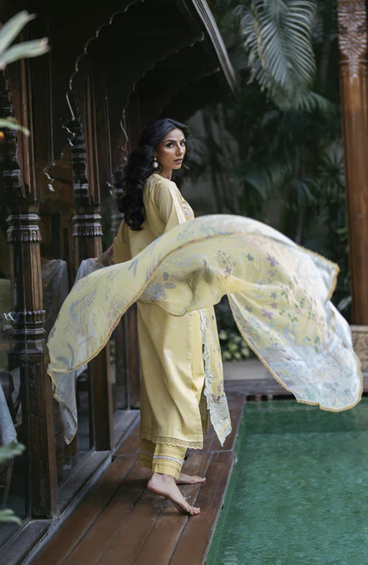 Florent Luxury Embroidered Lawn Unstitched 3 Piece Suit - FEL-5A - FL26DT - Yellow - Eid Collection