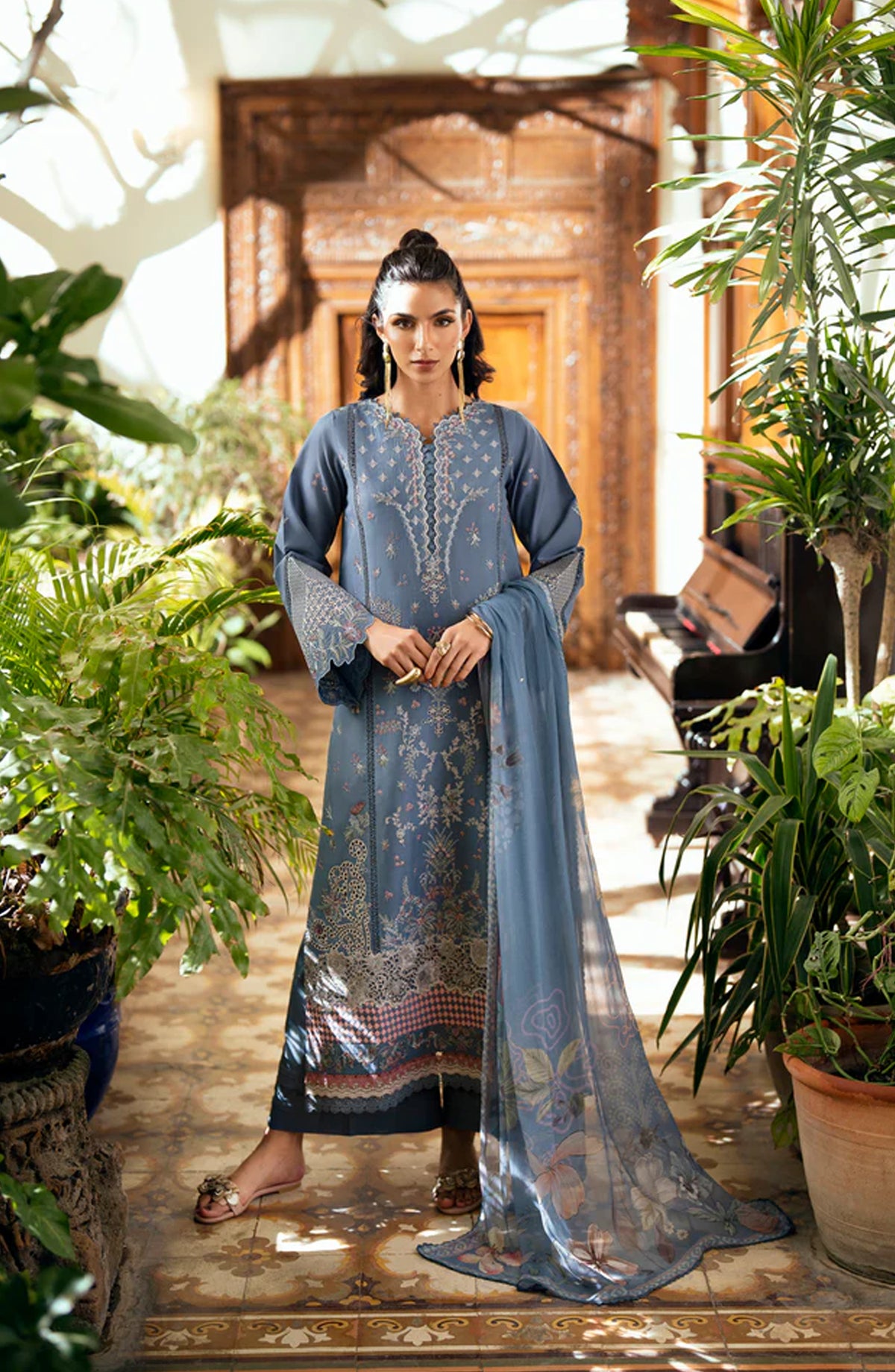 Florent Luxury Embroidered Lawn Unstitched 3 Piece Suit - FEL-4B - FL26DT - Blue - Eid Collection