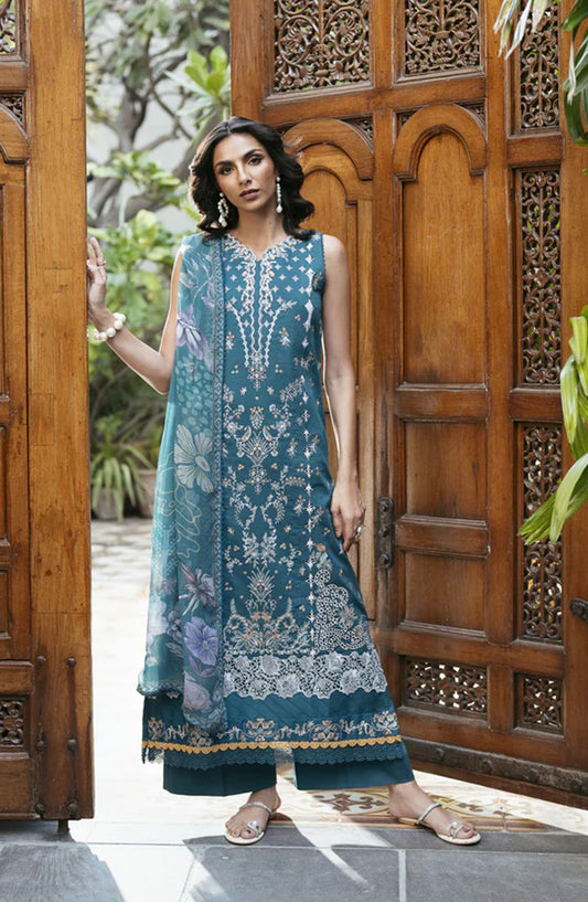 Florent Luxury Embroidered Lawn Unstitched 3 Piece Suit - FEL-4A - FL26DT - Teal - Eid Collection